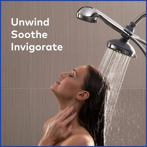 Woman enjoying High Pressure 2 In 1 Shower Head System With Handheld Spray And 5 Foot Hose, PowerPulse Therapeutic Massage