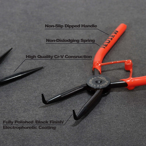 Close-up of 7-Inch Snap Ring Pliers Set, 4-Piece Heavy-Duty Circlip Pliers Kit for Internal and External Rings, CR-V Steel Construction.