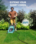 Person using Outdoor Extension Cord 25Ft Waterproof Power Cable 14 Gauge 3 Conductor SJTW with lawn mower