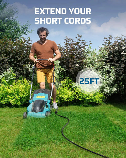 Person using Outdoor Extension Cord 25Ft Waterproof Power Cable 14 Gauge 3 Conductor SJTW with lawn mower