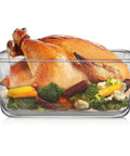 Mega Sized Glass Food Storage Container With Airtight Locking Lid 6500 Ml 28 Cup Capacity BPA Free And Oven Safe with roasted chicken and vegetables inside