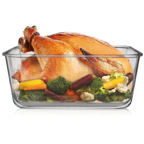 Mega Sized Glass Food Storage Container With Airtight Locking Lid 6500 Ml 28 Cup Capacity BPA Free And Oven Safe with roasted chicken and vegetables inside