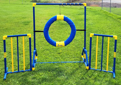 Agility Free Standing Wings For Dogs Pro Grade PVC Indoor Outdoor Obstacle Training Equipment with blue and yellow hoop on grass.
