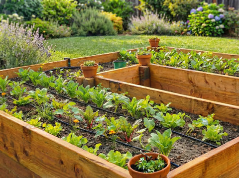 Garden with wooden raised beds using Drip Irrigation Tubing With Built In Emitters One Quarter Inch 100 Ft Roll Six Inch Emitter Spacing