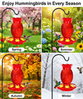 Red Glass Pineapple Hummingbird Feeder With Six Flower Ports 16 Oz Two Pack Leakproof shown across four seasons outdoors