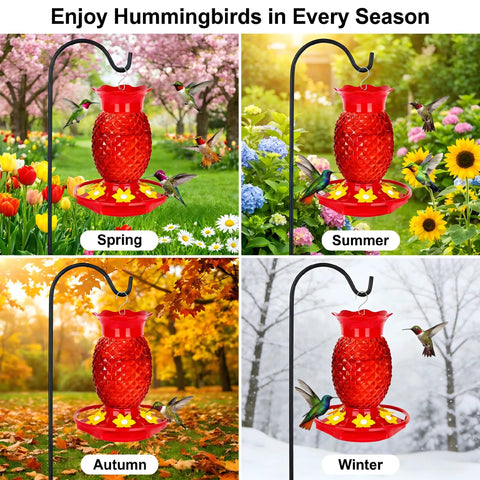 Red Glass Pineapple Hummingbird Feeder With Six Flower Ports 16 Oz Two Pack Leakproof shown across four seasons outdoors