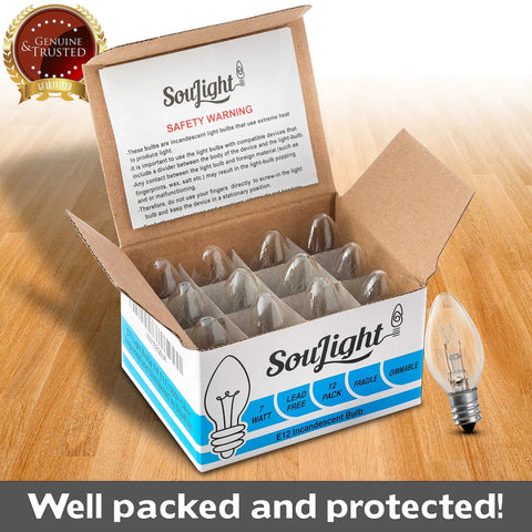 7 Watt Night Light Replacement Bulbs 12 Pack For C7 Lamps With E12 Candelabra Base 120V 45 Lumen Clear Glass Incandescent Bulbs For Salt Lamps And Small Night Lights, box of bulbs on display
