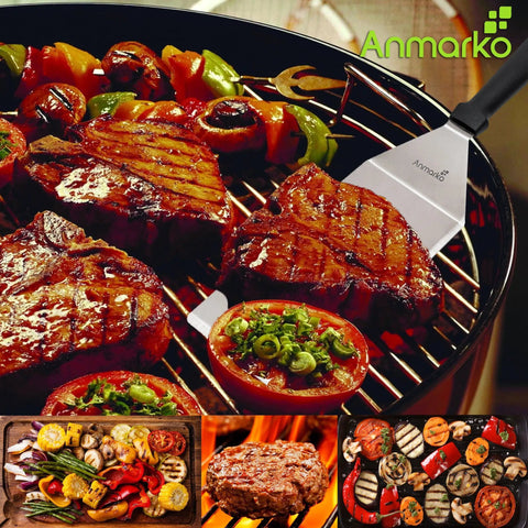 Stainless Steel Spatula Set For Grill And Griddle Heavy Duty Hibachi Style Spatula Turner And Grill Scraper in use on BBQ