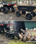 Heavy-Duty Poly Yard Dump Cart With 10 Cu Ft Tub And 1500 Lb Haul Capacity, Towable All-Terrain Wagon With Quick-Release Dumping And Pneumatic Tires for Landscaping and Gardening, shown attached to an ATV and loaded with firewood.