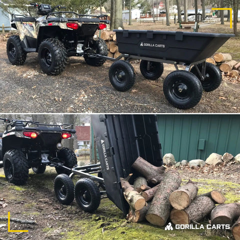 Heavy-Duty Poly Yard Dump Cart With 10 Cu Ft Tub And 1500 Lb Haul Capacity, Towable All-Terrain Wagon With Quick-Release Dumping And Pneumatic Tires for Landscaping and Gardening, shown attached to an ATV and loaded with firewood.