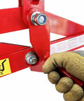 Heavy Duty Vertical Drum Lifter For 30 Gal Steel Hoops Pails Rises 1100 Lbs Safely For Forklift Hook Or Overhead Host Handling Quick Clean Ups close-up of handle and mechanism with steel frame.