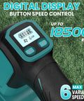 Close-up of digital display control on cordless leaf blower, showing six variable speeds, part of handheld lawn care tool.