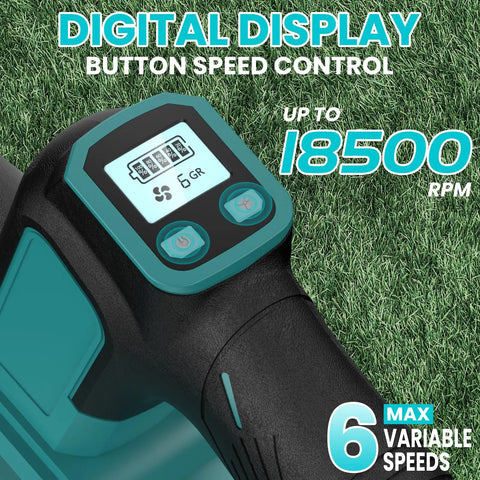 Close-up of digital display control on cordless leaf blower, showing six variable speeds, part of handheld lawn care tool.