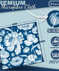 Front view of WESERWEF blue microfiber cleaning cloth with white floral poppy pattern, 12 x 12 inches.