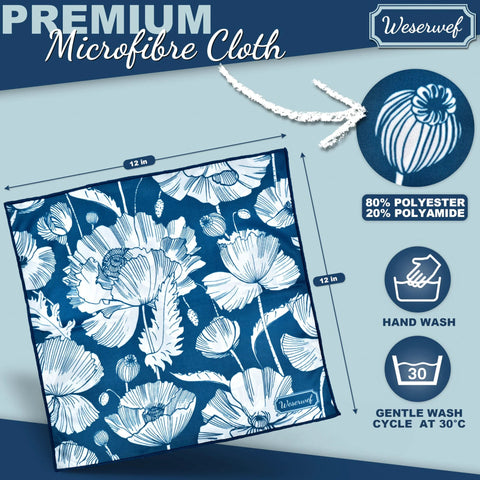 Front view of WESERWEF blue microfiber cleaning cloth with white floral poppy pattern, 12 x 12 inches.