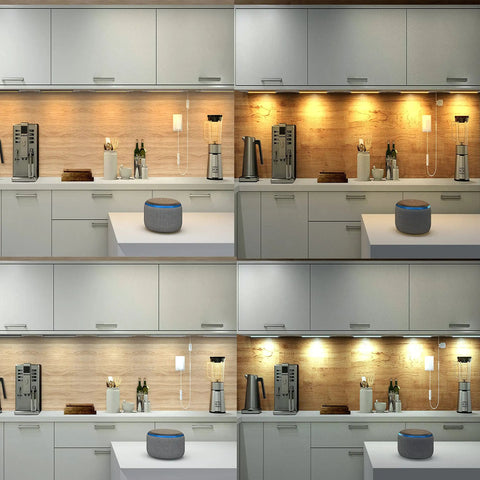 Under Cabinet Lighting Kit With Voice Control And App, LED Bar Lights For Kitchen Shelves And Countertops, Works With Alexa Google Siri, showcasing dimmable warm to cool light settings.