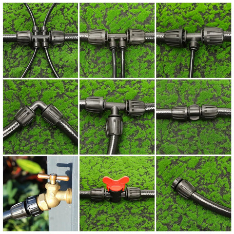Half Inch Drip Irrigation Fittings Barbed Elbow Connectors Six Pack showing various angles of connectors on garden hoses.