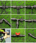 Various configurations of half inch drip irrigation end caps and plugs for garden watering systems shown on green background.