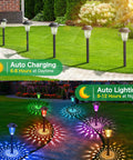 8 Pack Solar Pathway Lights With Auto 7 Color Changing And Warm White Modes installed in garden during day and night