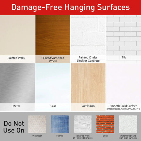 Surfaces for Quartz Plastic Spring Clips 8 Pack For Dorm Décor Damage Free Hanging, including painted walls, metal, and tile.