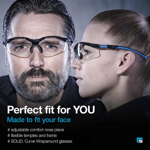 Clear Lens Safety Glasses With Side Shields Anti Fog Anti Scratch Anti Glare Protective Eyewear For Men And Women Perfect For Gun Range Shooting Nurses PPE And Everyday Use shown worn by a man and woman, showcasing adjustable fit.