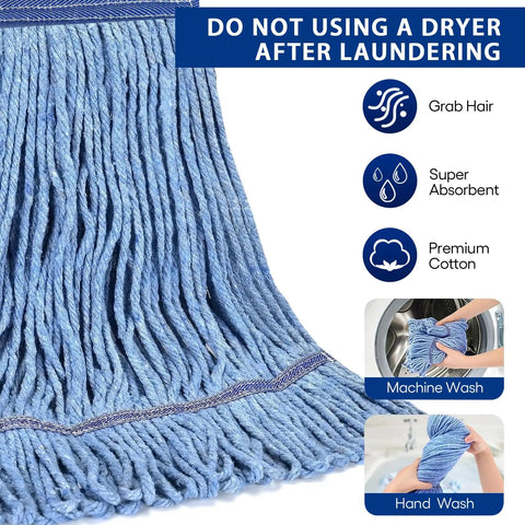 Pro Grade Heavy-Duty Mop Head Replacement For General And Floor Cleaning Pack Of 3 Wet Industrial Blue Cotton Looped-End String
