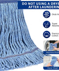 Beefy Heavy Duty Mop Head Replacement for General and Floor Cleaning, blue cotton looped end, wash instructions shown.
