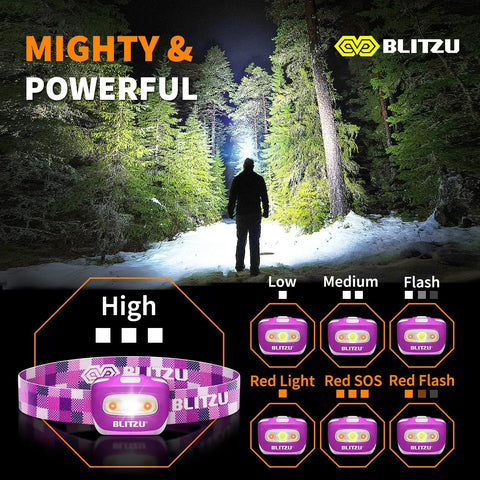Hands-Free LED Headlamp for Adults and Kids, Ultra Lightweight Waterproof Headlight on forest path displaying features