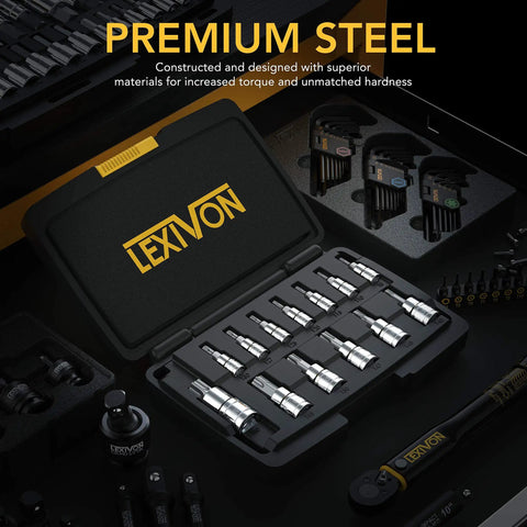 Torx Bit Socket Set 13-Piece Premium S2 Alloy Steel Bits T8 Through T60 with Hardened Chrome Vanadium Sockets in case