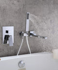 Waterfall Wall Mounted Bathtub Faucet With Hand Shower, 180 Degree Swivel Spout, Single Handle Tub Filler in use
