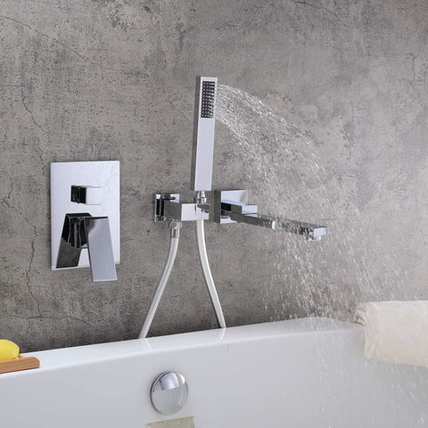 Waterfall Wall Mounted Bathtub Faucet With Hand Shower, 180 Degree Swivel Spout, Single Handle Tub Filler in use
