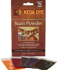 Front view of Keda Dye Stain Powder wood dye kit; five color packets in orange, red, brown, purple, black.