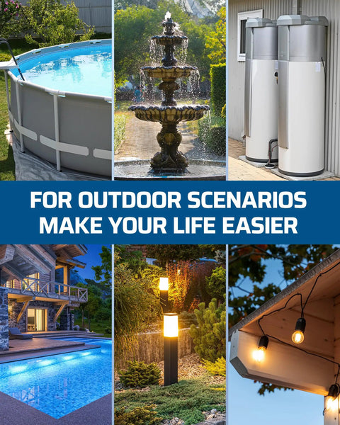 Rugged Heavy Duty Mechanical Timer Switch For Water Heaters And Pumps Featuring Dual Daily Programming And Wide Voltage Compatibility That Handles Five Horsepower Loads Without Breaking A Sweat displayed in outdoor settings.
