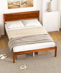 Rock Solid Mid Century Modern Full Size Wood Platform Bed With Reinforced Slat Support And Roomy 16 Inch Under Bed Storage No Box Spring Needed For Hassle Free Assembly In Classic Walnut Finish, showcasing cozy bedding and storage.