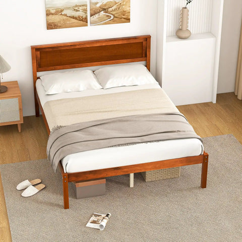 Rock Solid Mid Century Modern Full Size Wood Platform Bed With Reinforced Slat Support And Roomy 16 Inch Under Bed Storage No Box Spring Needed For Hassle Free Assembly In Classic Walnut Finish, showcasing cozy bedding and storage.