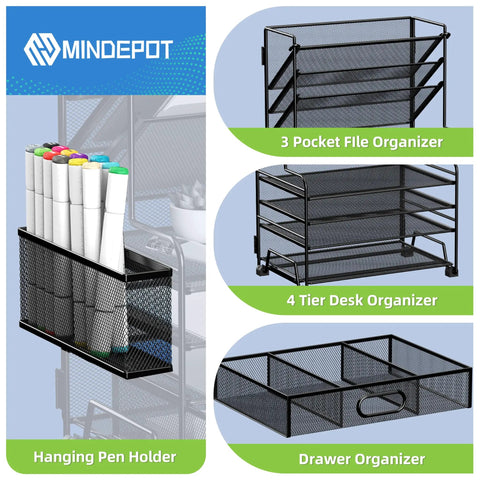 4 Tier Paper Organizer With 3 Pocket File Holder Drawer And Pen Holders Desktop Organizer For Office School And Classroom Black