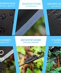 Waterproof Hammock Rain Fly Hex Tarp features nylon material, reinforced stitching, grommets, and aluminum stakes.