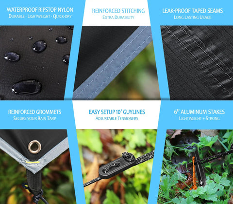 Waterproof Hammock Rain Fly Hex Tarp features nylon material, reinforced stitching, grommets, and aluminum stakes.