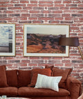 Living room with 10 Pack Dope 3D Faux Stone Wall Panels Peel And Stick Rust Red Brown Brick Foam Wallpaper Realistic Effect