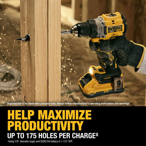 Person using 20V Max XR Brushless Cordless 1/2 In Drill Driver Kit with PowerPack batteries in wood drilling, showcasing productivity.