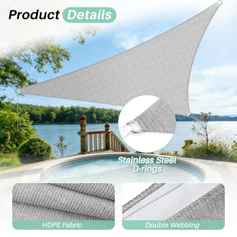 Triangle Shade Sail 6 Ft By 6 Ft By 6 Ft Built To Last Outdoor UV Blocking Sun Shade Canopy For Patio Garden And Pool Light Grey Durable HDPE Fabric Easy To Clean With Reinforced Double Layer Webbing over pool.