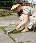 Woman using L Shaped Double Sided Beech Handle Stainless Steel Crevice Weeder Manual Weeding Tool For Tight Gaps In Patio Stones Driveways