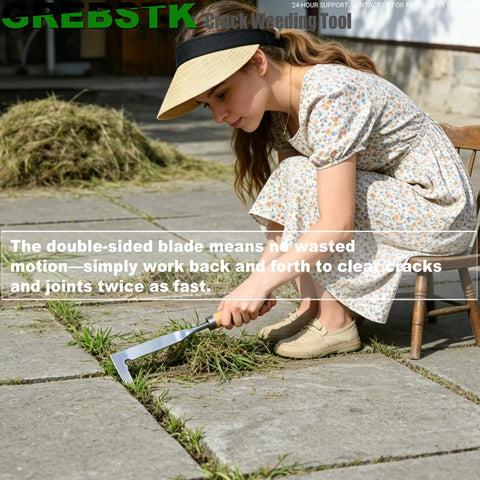 Woman using L Shaped Double Sided Beech Handle Stainless Steel Crevice Weeder Manual Weeding Tool For Tight Gaps In Patio Stones Driveways