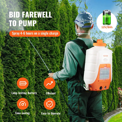 Person using Battery Powered Backpack Sprayer With 90 PSI Adjustable Pressure 4 Gallon Tank Includes 8 Nozzles And 2 Wands