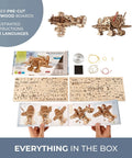Vintage Wooden Airplane Model Kit With Wind Up Motor A Dope 1930s Racing Aircraft Puzzle For Adults DIY 3D Wood Plane Build, parts and instructions shown