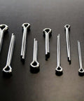 144 Piece Cotter Pin Set With 6 Popular Sizes Spring Steel Zinc Plated For Rust Resistance spread on black surface.