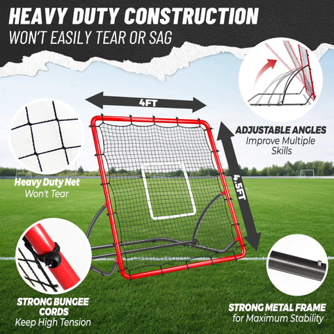 Heavy Duty Baseball Rebounder Net Four By Four Point Five Feet Pitchback With Three Adjustable Angles on grass field