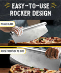 Pizza rocker blade, 14-inch stainless steel; front and side views showing placement on a pizza