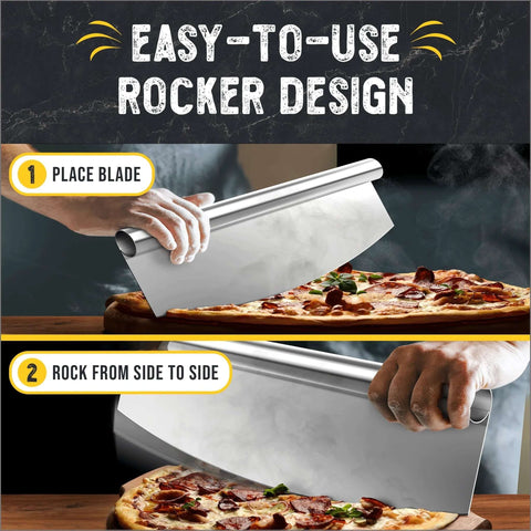 Pizza rocker blade, 14-inch stainless steel; front and side views showing placement on a pizza
