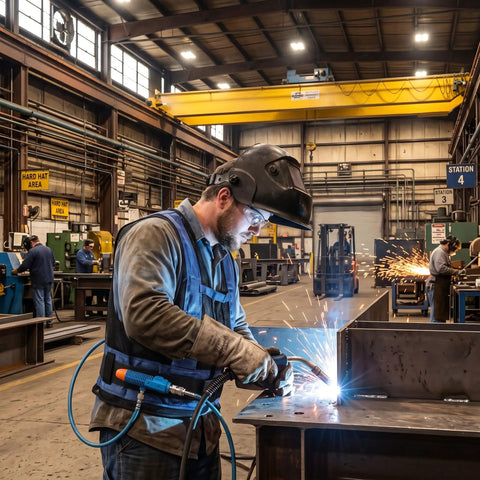 Air Compressed Cooling Vest For Industrial Crews Featuring Vortex Tube Tech worn by worker welding in busy steel mill.